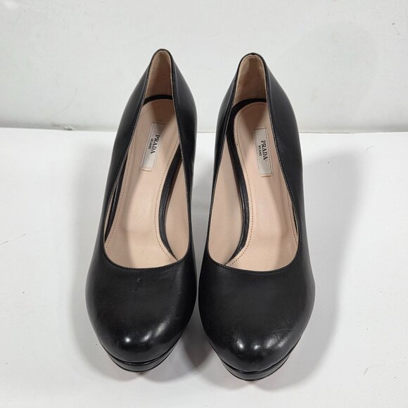 PRADA High (3-3.9 in) Heel Height M Heels for Women for sale  Prada Milano Black Leather Platform Pumps Heels Round Toe Classic Size 39.5 US 9